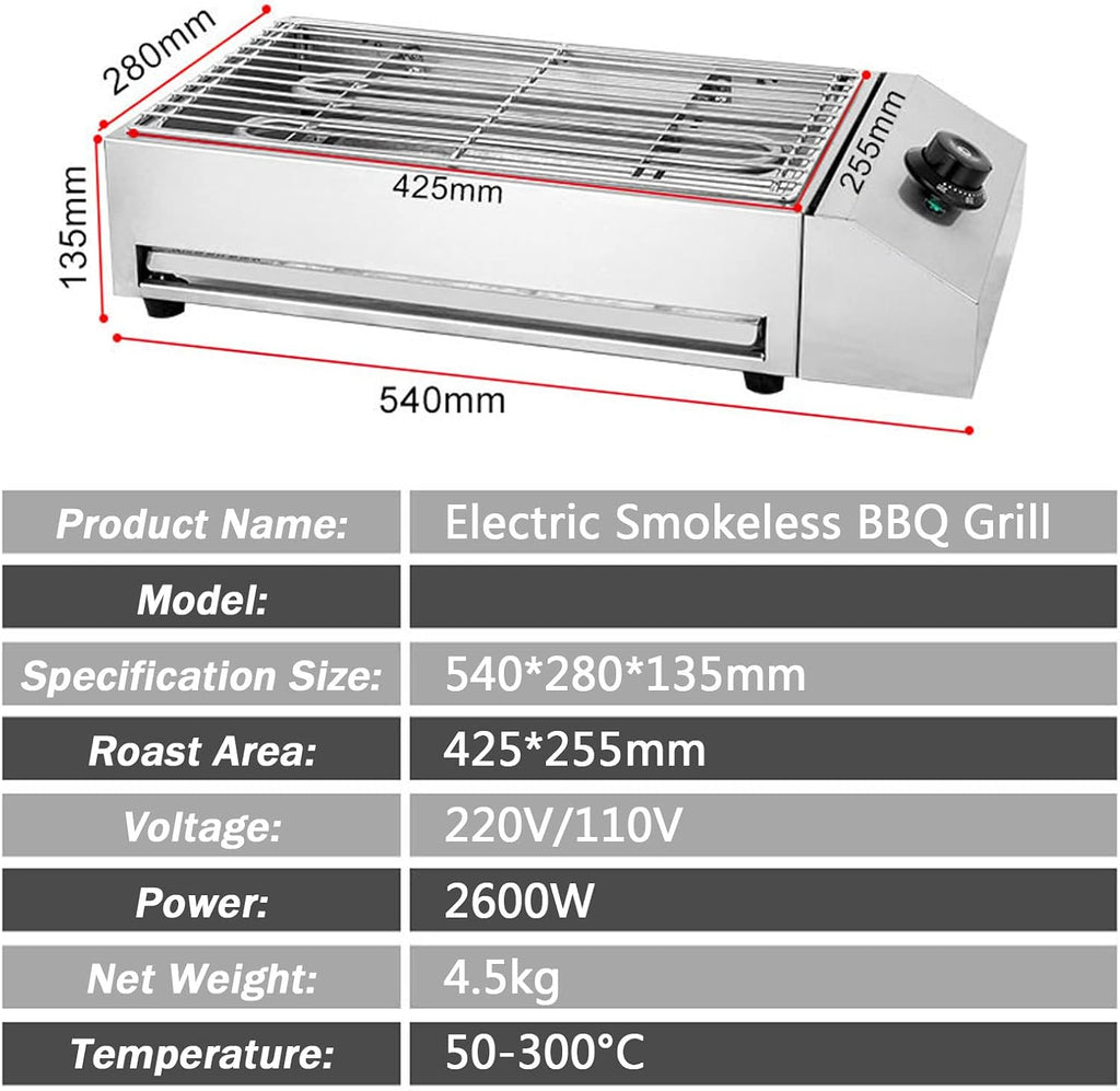KnoRRs Premium Indoor Smokeless Electric Grill, 2600W Health BBQ Grill with Adjustable Temperature, Grill Surface 425x255 mm, Includes Water Filled Drip Tray to Reduce Smoke and Smell, BBQ Barbecue