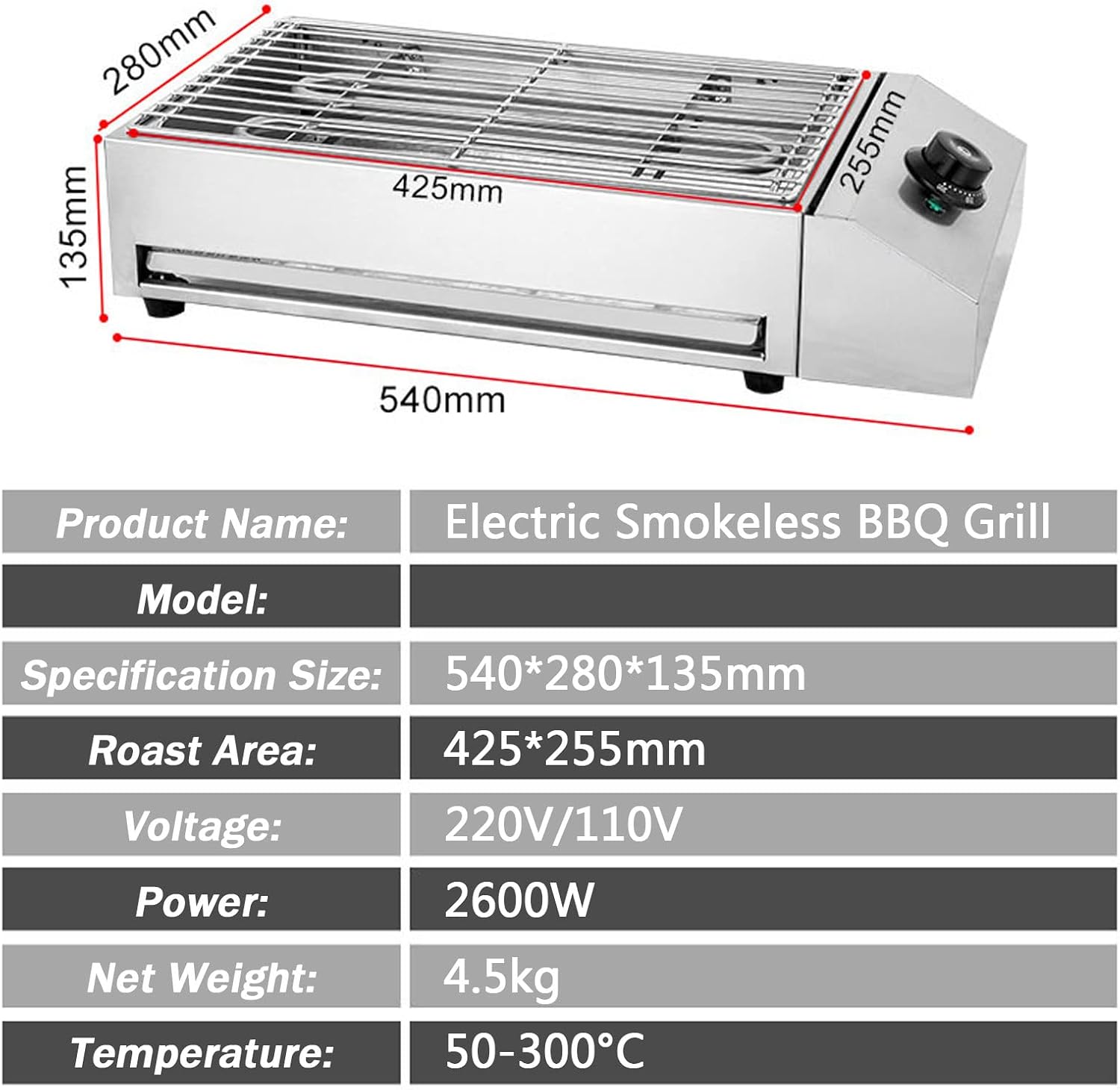 KnoRRs Premium Indoor Smokeless Electric Grill, 2600W Health BBQ Grill with Adjustable Temperature, Grill Surface 425x255 mm, Includes Water Filled Drip Tray to Reduce Smoke and Smell, BBQ Barbecue