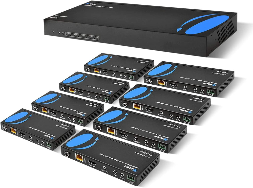 OREI 1x8 HDMI Extender Splitter HDBaseT, Multiple Over Single Cable CAT6/7 4K@60Hz 4:4:4 HDCP 2.2 with IR Remote EDID Management, HDR - Up to 400 Ft - Loop Out - Low Latency - (UHD18-EXB400-K)