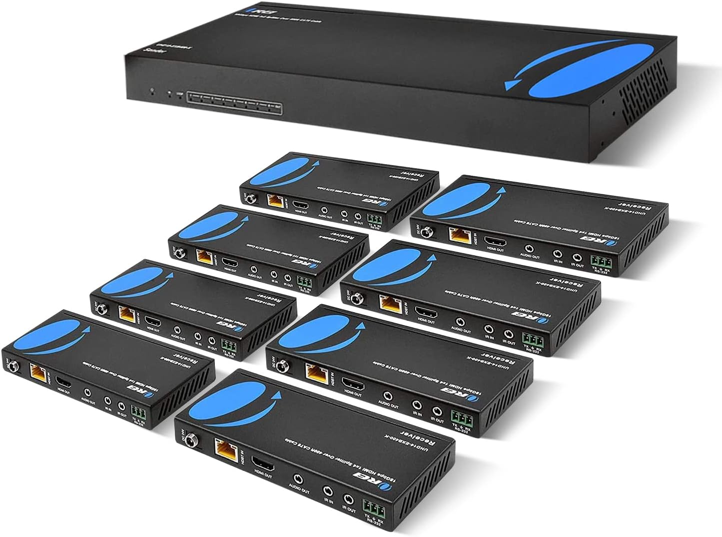 OREI 1x8 HDMI Extender Splitter HDBaseT, Multiple Over Single Cable CAT6/7 4K@60Hz 4:4:4 HDCP 2.2 with IR Remote EDID Management, HDR - Up to 400 Ft - Loop Out - Low Latency - (UHD18-EXB400-K)
