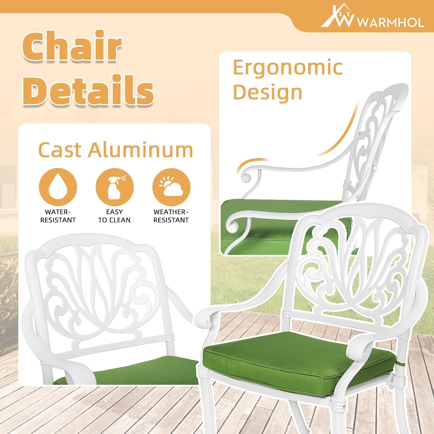 5-Piece Outdoor Patio Dining Set, All-Weather Cast Aluminum Patio Furniture Set for Backyard Garden Deck with 4 Chairs, 4 Cushions and 35.4' Round Table, 2.2' Umbrella Hole, White