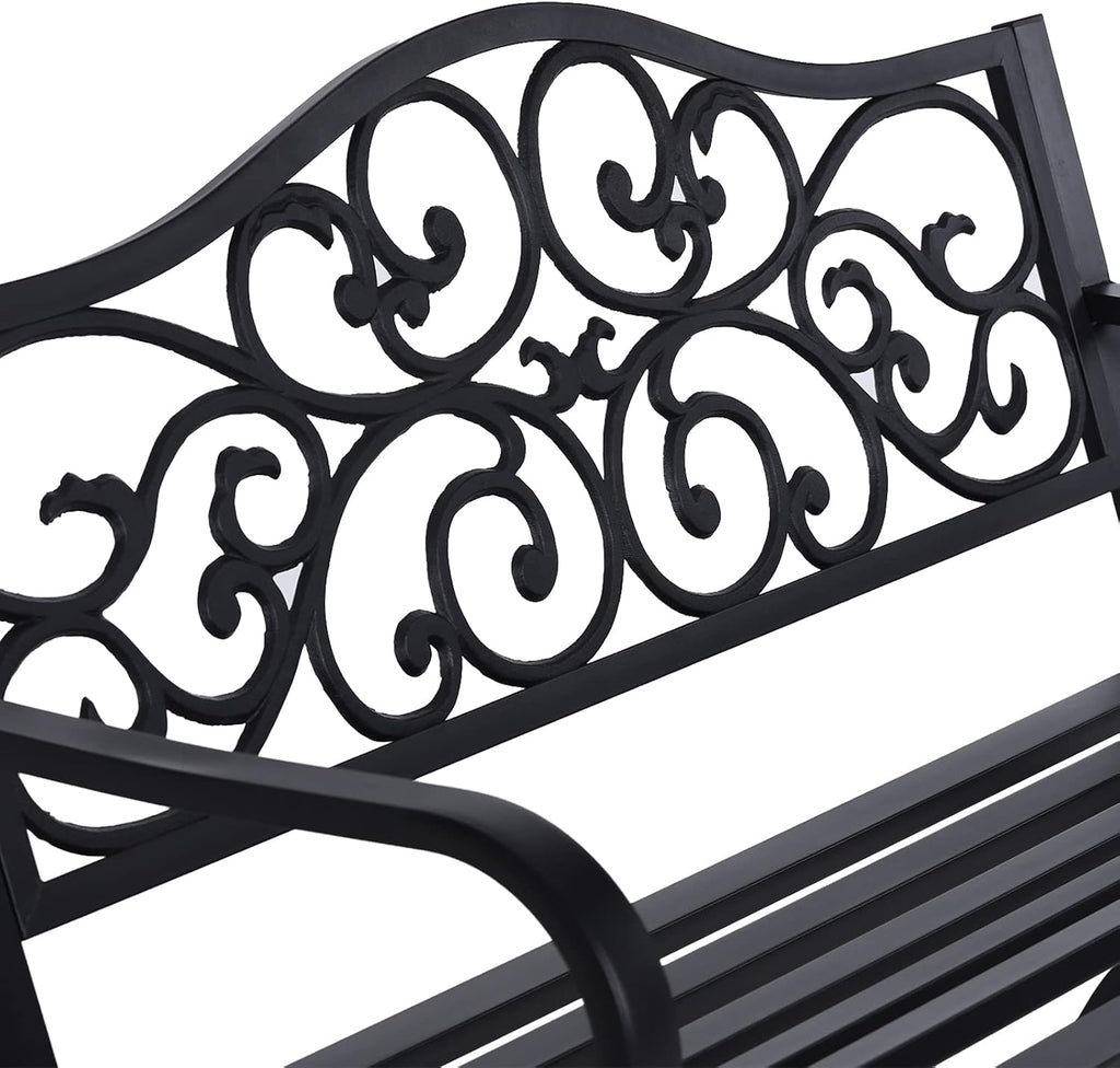 Sophia & William 50' Outdoor Garden Bench Patio Park Bench, Cast Iron Metal Frame Furniture with Floral Design Backrest for Porch Yard Lawn Deck, Black