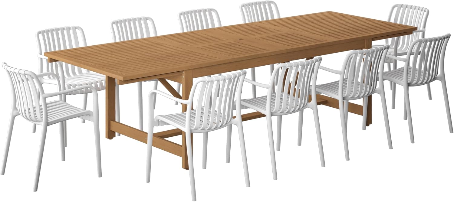 Urban Elements Frida Rectangular Extendable Patio Furniture Set | 100% Certified Teak Finish | Backyard Furniture, Outside Table and Chairs, Rectangular Outdoor Dining Set (White, 11-Piece)