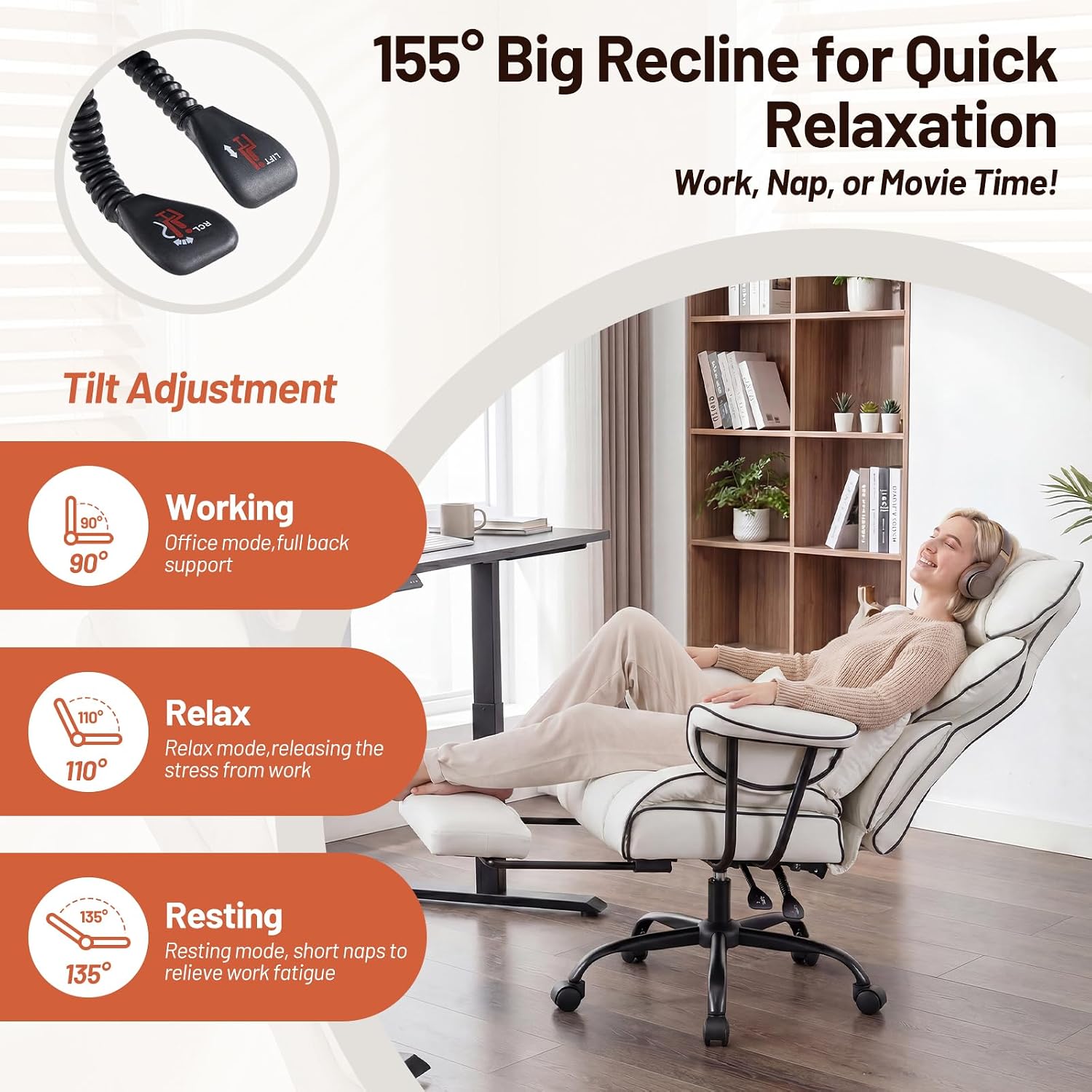Furniliving Big and Tall Executive Office Chair- Ergonomic, Reclining Desk Chair with Footrest Lumbar Pillow, Height Adjustable Back Leather Chair for Home Office, Pure White