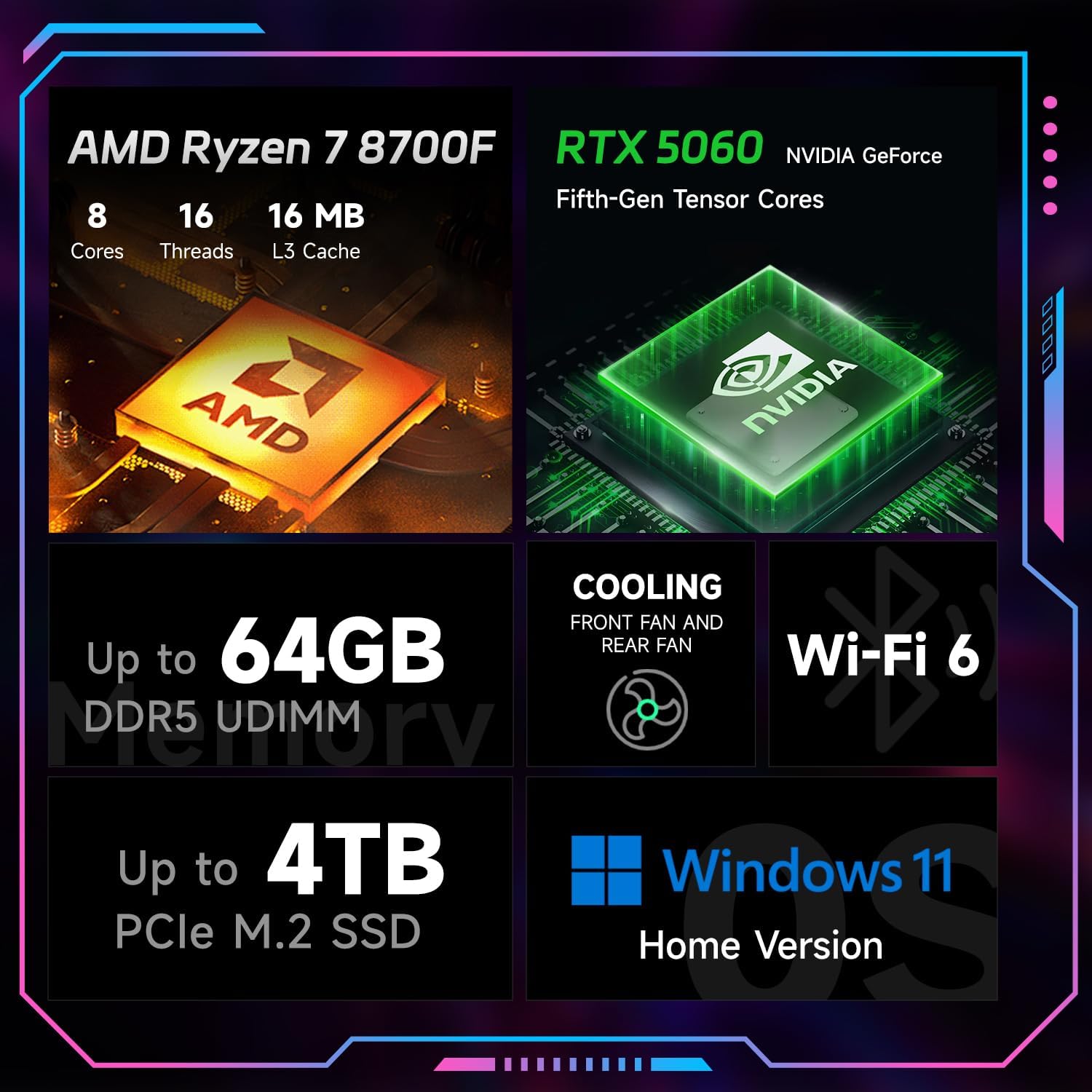 HP OMEN 16L Gaming Desktop, AMD Ryzen 7 8700F (Beats Intel i7-14700F), NVIDIA RTX 5060, 64GB DDR5 RAM, 2TB SSD, W11H, Music Production Workstation, Bundle with Thunderobot KG3089R Gaming KB
