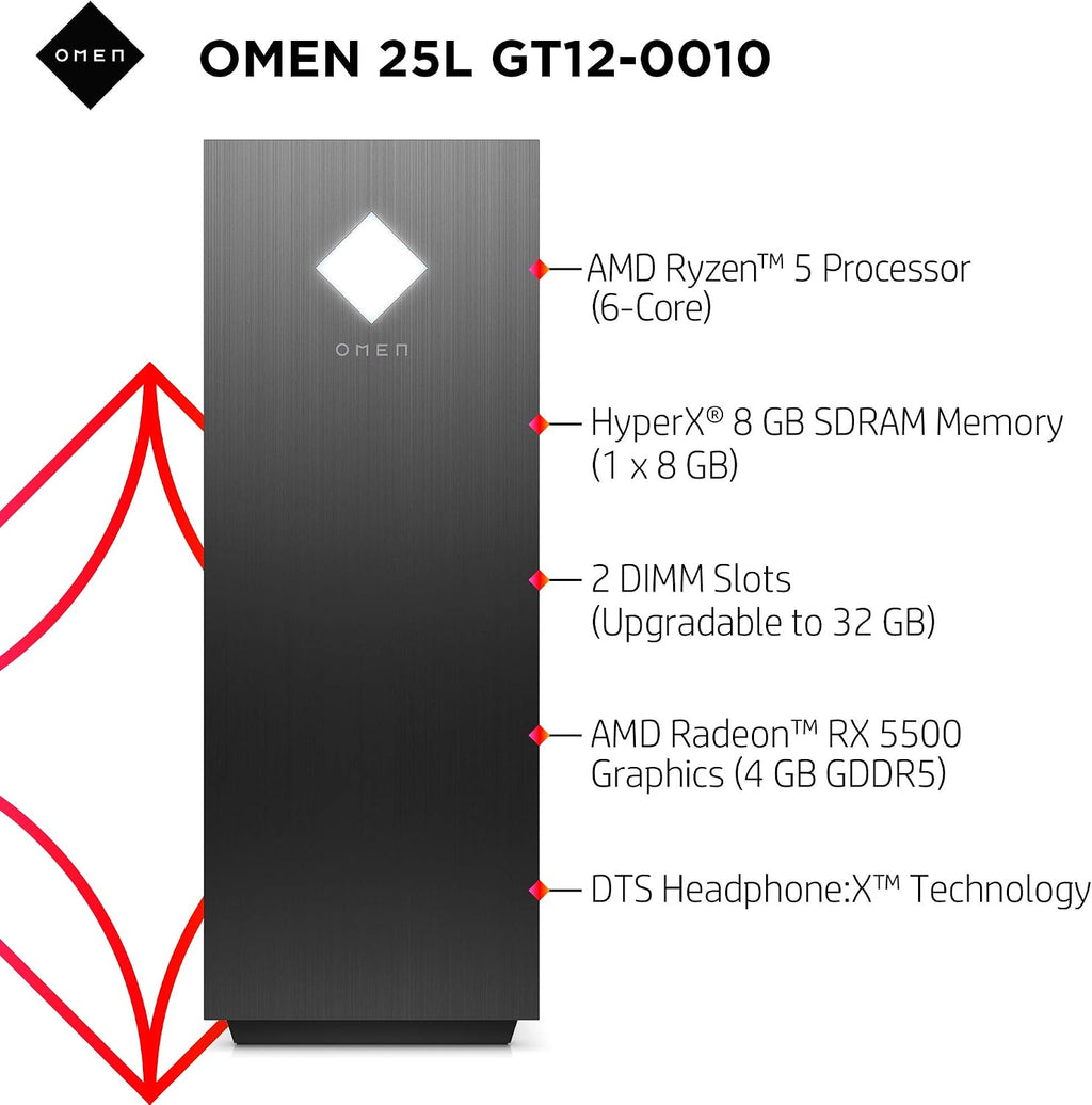 OMEN 25L Gaming Desktop PC, AMD Radeon RX 5500, AMD Ryzen 5 3500, HyperX 8GB DDR4 RAM, 512GB PCIe NVMe SSD, Windows 10 Home, VR Ready, RGB Lighting (GT12-0010, 2020 Model)