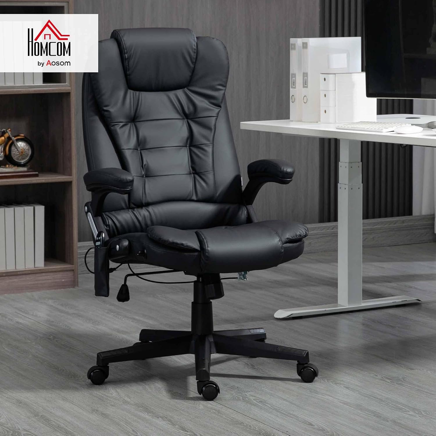 HOMCOM High Back Vibration Massage Office Chair with 6 Vibration Points, Heated Reclining PU Leather Computer Chair with Armrest and Remote, Black