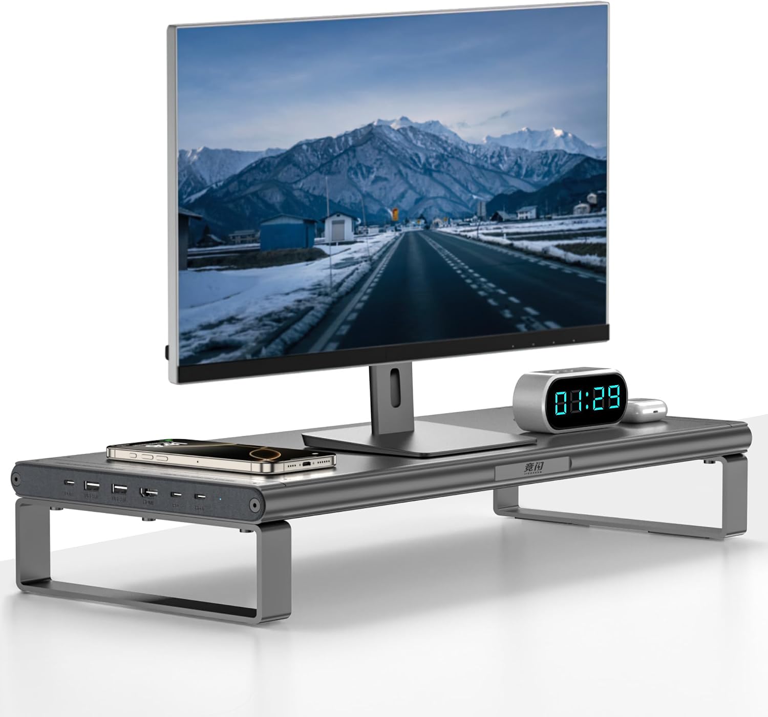 Monitor Stand with Docking Station, Aluminum Monitor Riser with 6-in-1 Docking Station: 4K HDMI, USB-C, USB 3.0, PD 100W, Wireless Charging,Metal Desk Stand with Storage-Silver Gray