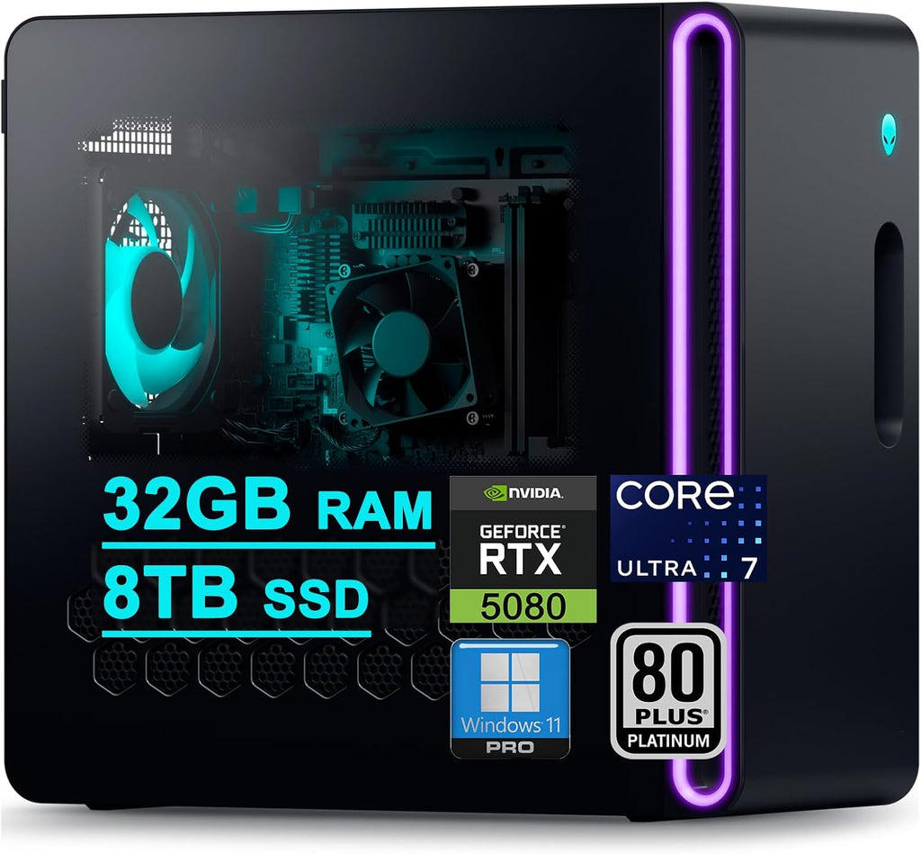 Dell Alienware Aurora ACT1250 Gaming Desktop Intel 20-core Ultra 7 Series 2 265F 32GB DDR5 8TB SSD GeForce RTX 5080 16GB GDDR7 DLSS4 (Up to 1801 Tops) WiFi7 1000W PSU for Gaming AI PC Win11Pro