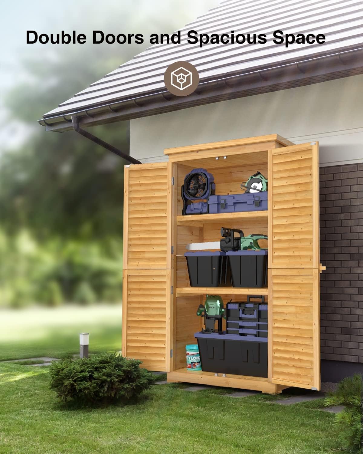 Bealife 63.2' Outdoor Storage Cabinet with Double Doors, Lockable Vertical Storage Shed with 3 Shelves Organizer, Waterproof Fir Wood Tool Closet Shed for Garden, Backyard, Patio, and Lawn -Natural