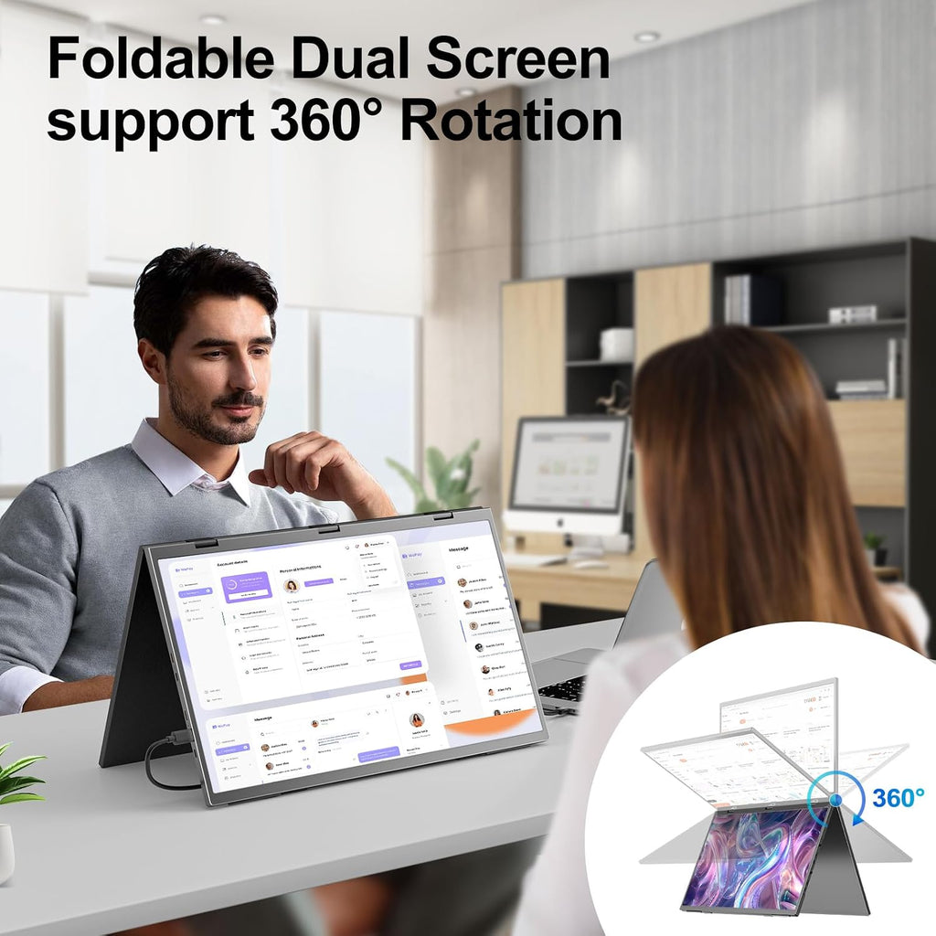 Dual Portable Monitor, 18.5' 1080P FHD IPS Folding Stacked Triple Laptop Screen Extender, USB-C Plug & Play Travel Extended Computer Display for Laptop PC Windows Mac w/Stand & VESA Mountable