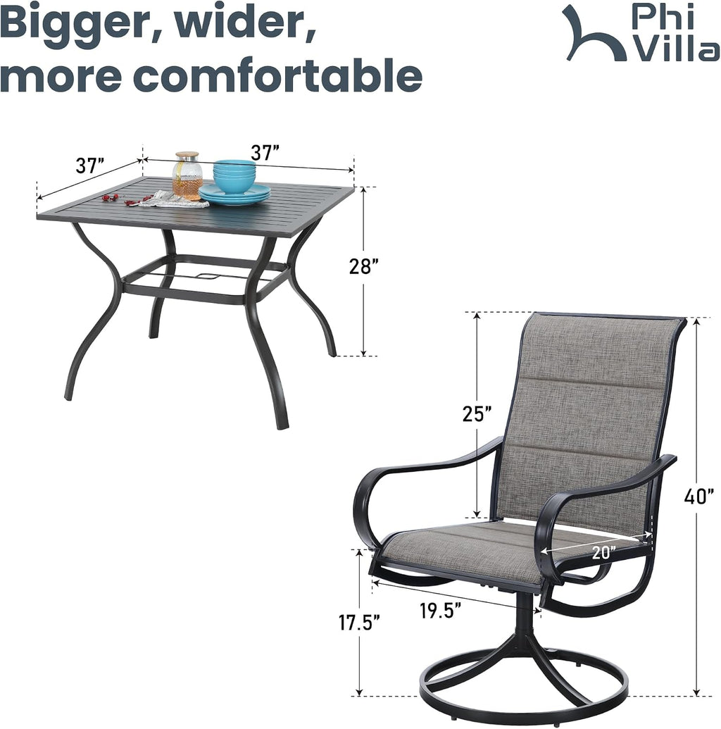 PHI VILLA 5 Piece Patio Dining Set with 4 Padded Outdoor Swivel Dining Chairs and 37'x 37' Metal Steel Dining Table with Umbrella Hole, Outdoor Dining Table and Chairs Set for Deck Pool Lawn