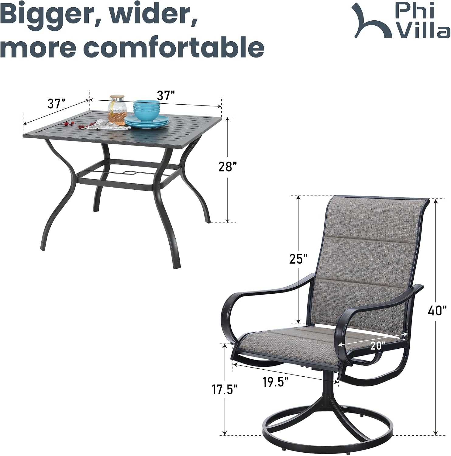 PHI VILLA 5 Piece Patio Dining Set with 4 Padded Outdoor Swivel Dining Chairs and 37'x 37' Metal Steel Dining Table with Umbrella Hole, Outdoor Dining Table and Chairs Set for Deck Pool Lawn