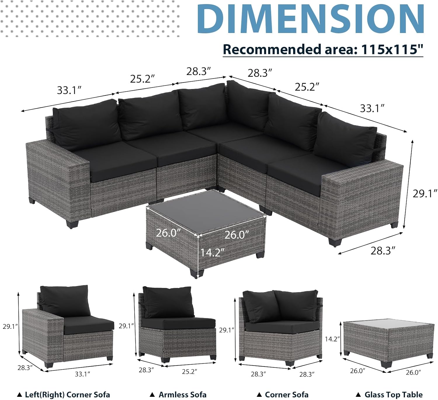 JOIVI 6 Piece Outdoor Patio Furniture Set - Wicker Sofa with Coffee Table, Powder-Coated Frame & Handwoven PE Rattan for All-Weather Durability, Ideal for Parties