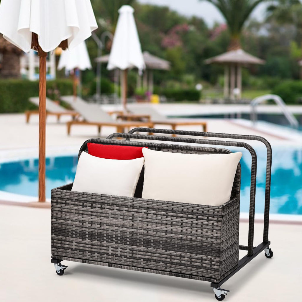 Poolside Float Storage Organizer, Pool Toy Storage Holder with Wicker Basket Outdoor Pool Float Holder Storage Rack Rolling Pool Caddy Cart Raft Holder Storage Rack for Pool Noodles Equipment Grey
