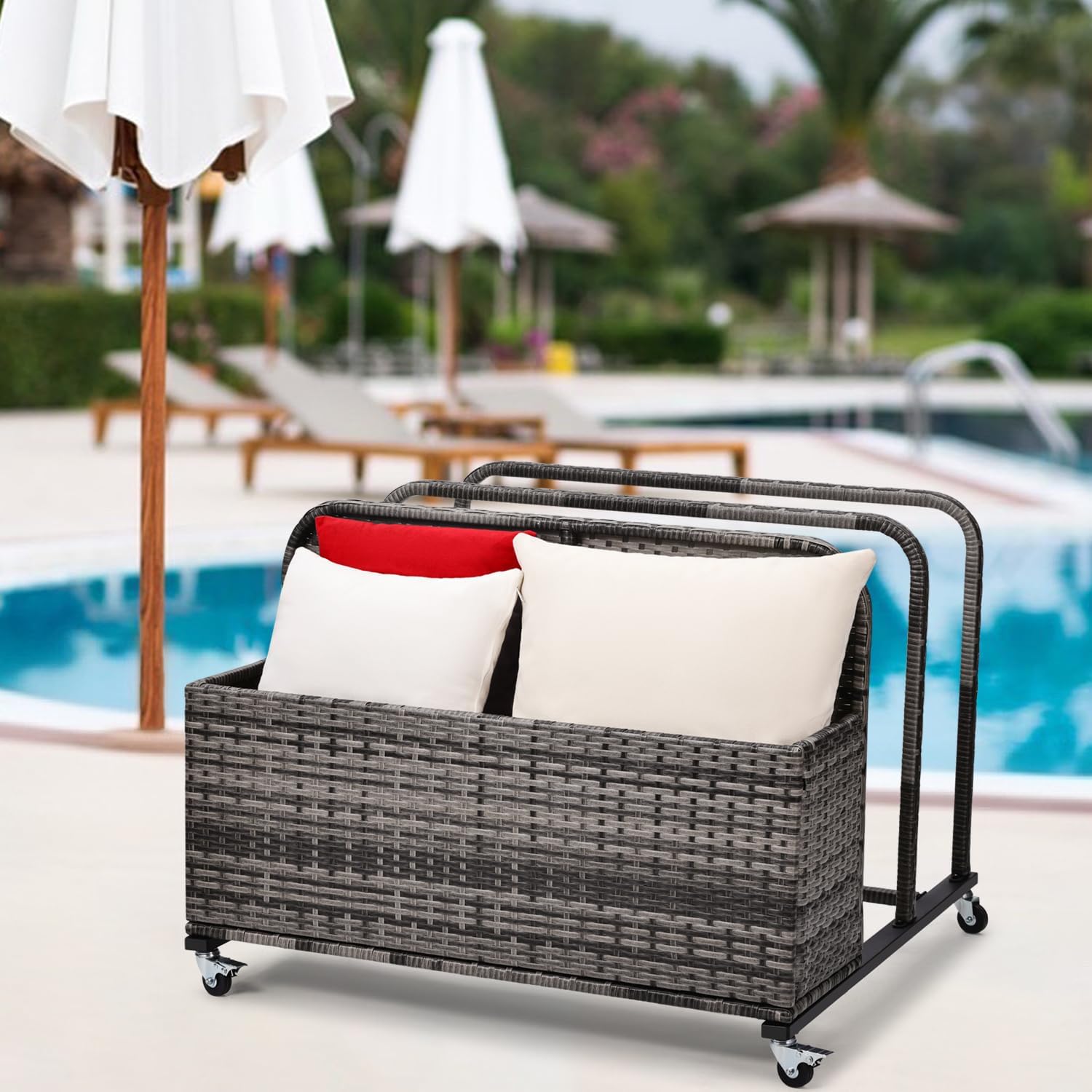 Poolside Float Storage Organizer, Pool Toy Storage Holder with Wicker Basket Outdoor Pool Float Holder Storage Rack Rolling Pool Caddy Cart Raft Holder Storage Rack for Pool Noodles Equipment Grey