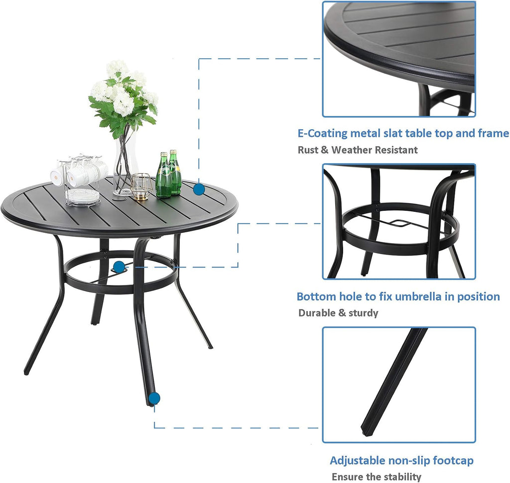 MFSTUDIO Outdoor Dining Set for 4, Round Patio Table and Chairs Set with Umbrella Hole, Metal Patio Furniture Set for Deck, Backyard, Poolside & Garden
