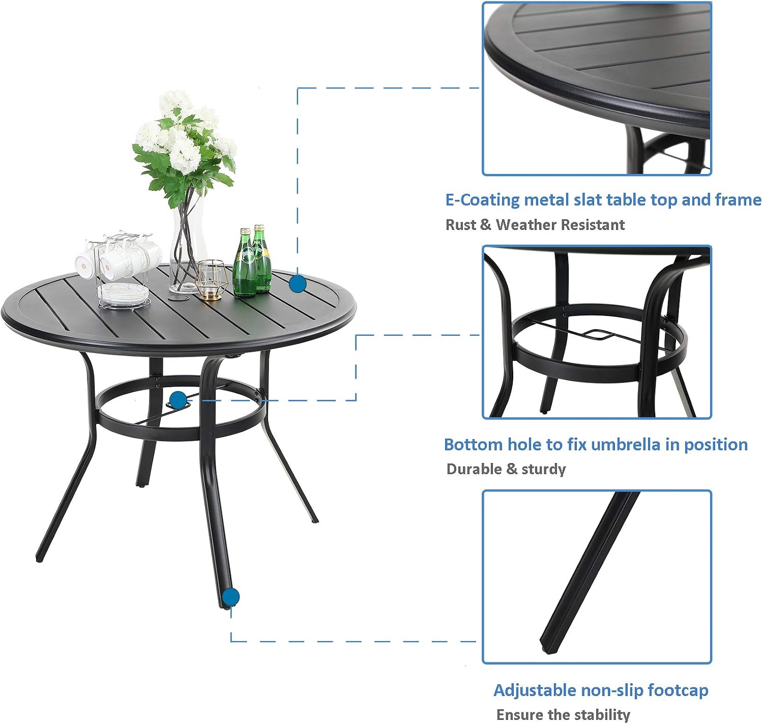 MFSTUDIO Outdoor Dining Set for 4, Round Patio Table and Chairs Set with Umbrella Hole, Metal Patio Furniture Set for Deck, Backyard, Poolside & Garden