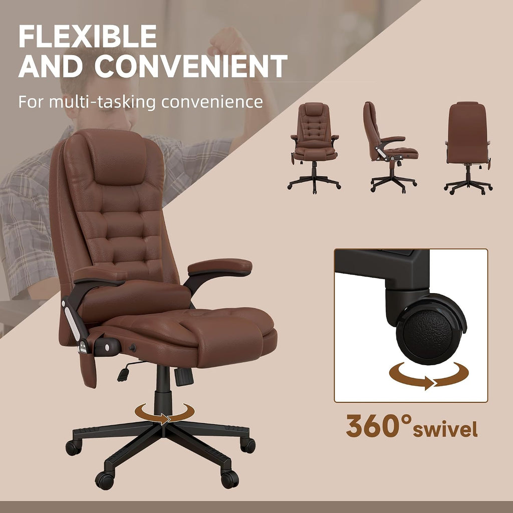HOMCOM High Back Vibration Massage Office Chair with 6 Vibration Points, Heated Reclining PU Leather Computer Chair with Armrest and Remote, Brown