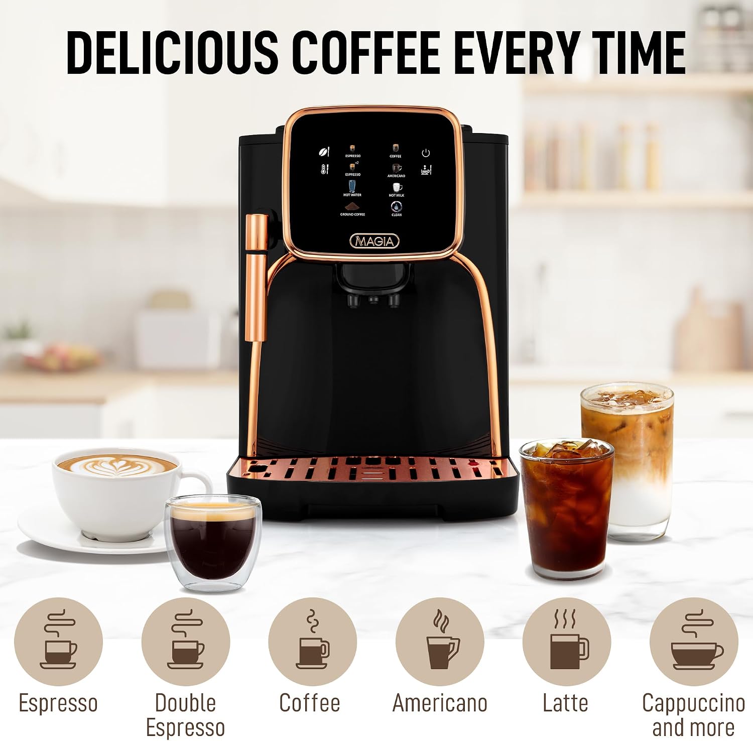 Zulay Kitchen Magia Clasica Automatic Espresso Machine with Built-In Grinder, Touch Panel Coffee Maker, Steam Wand Milk Frother, Adjustable Strength, Self-Cleaning, Black & Copper (13' x 17.7' x 9.4')