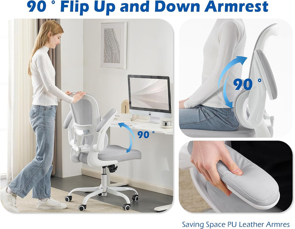 TRALT Ergonomic Office Chair - Desk Chair with Adjustable Lumbar Support Computer Chair - Mesh Comfy Chair with Flip-up Armrests - Gaming Chairs for Adults Home Office (Leather, Grey)