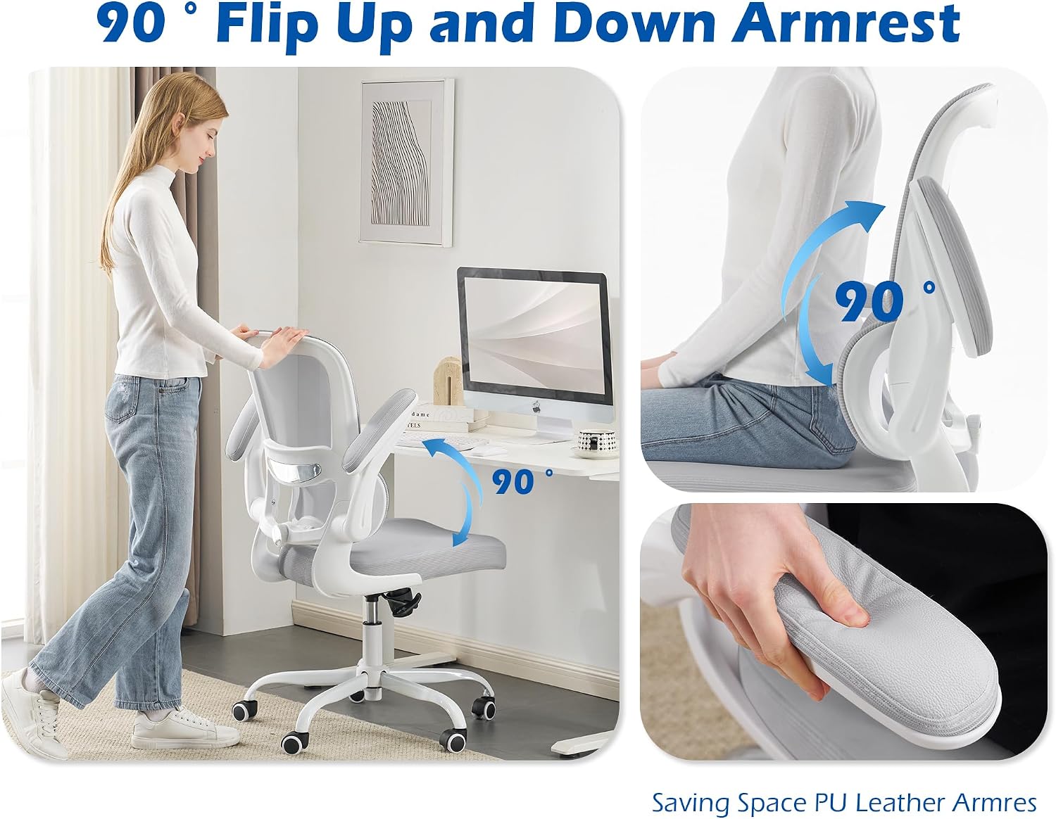 TRALT Ergonomic Office Chair - Desk Chair with Adjustable Lumbar Support Computer Chair - Mesh Comfy Chair with Flip-up Armrests - Gaming Chairs for Adults Home Office (Leather, Grey)