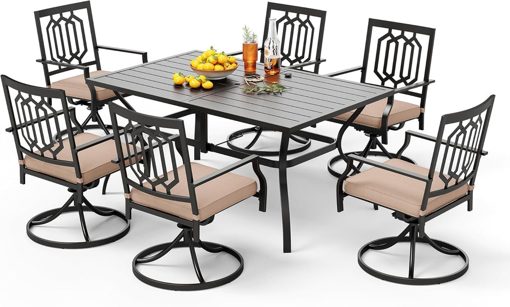 PHI VILLA 7 Pieces Patio Dining Set for 6, 60' Rectangle Metal Steel Table with Umbrella Hole & Swivel Wrought Iron Chairs with Cushions, Large Outdoo Furniture Set for Deck, Porch, Yard