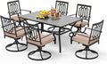 PHI VILLA 7 Pieces Patio Dining Set for 6, 60' Rectangle Metal Steel Table with Umbrella Hole & Swivel Wrought Iron Chairs with Cushions, Large Outdoo Furniture Set for Deck, Porch, Yard