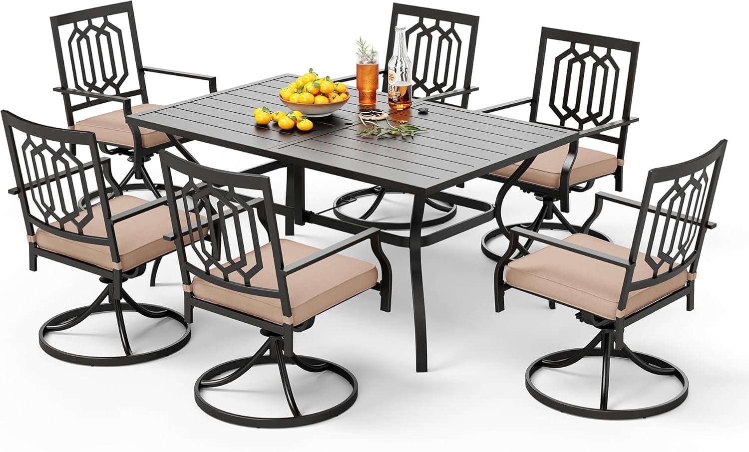 PHI VILLA 7 Pieces Patio Dining Set for 6, 60' Rectangle Metal Steel Table with Umbrella Hole & Swivel Wrought Iron Chairs with Cushions, Large Outdoo Furniture Set for Deck, Porch, Yard