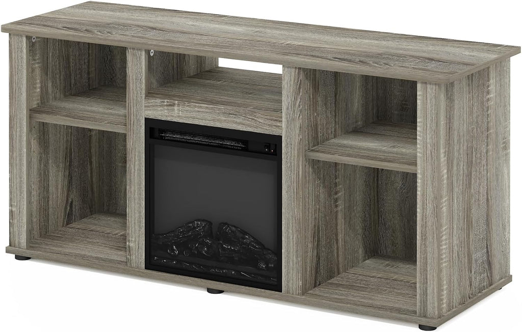 Furinno Jensen Fireplace TV Stand, Entertainment Center, TV Console for TV up to 55 Inch with Fireplace and Open Storage Compartment, for Living Room, Bedroom, French Oak Grey