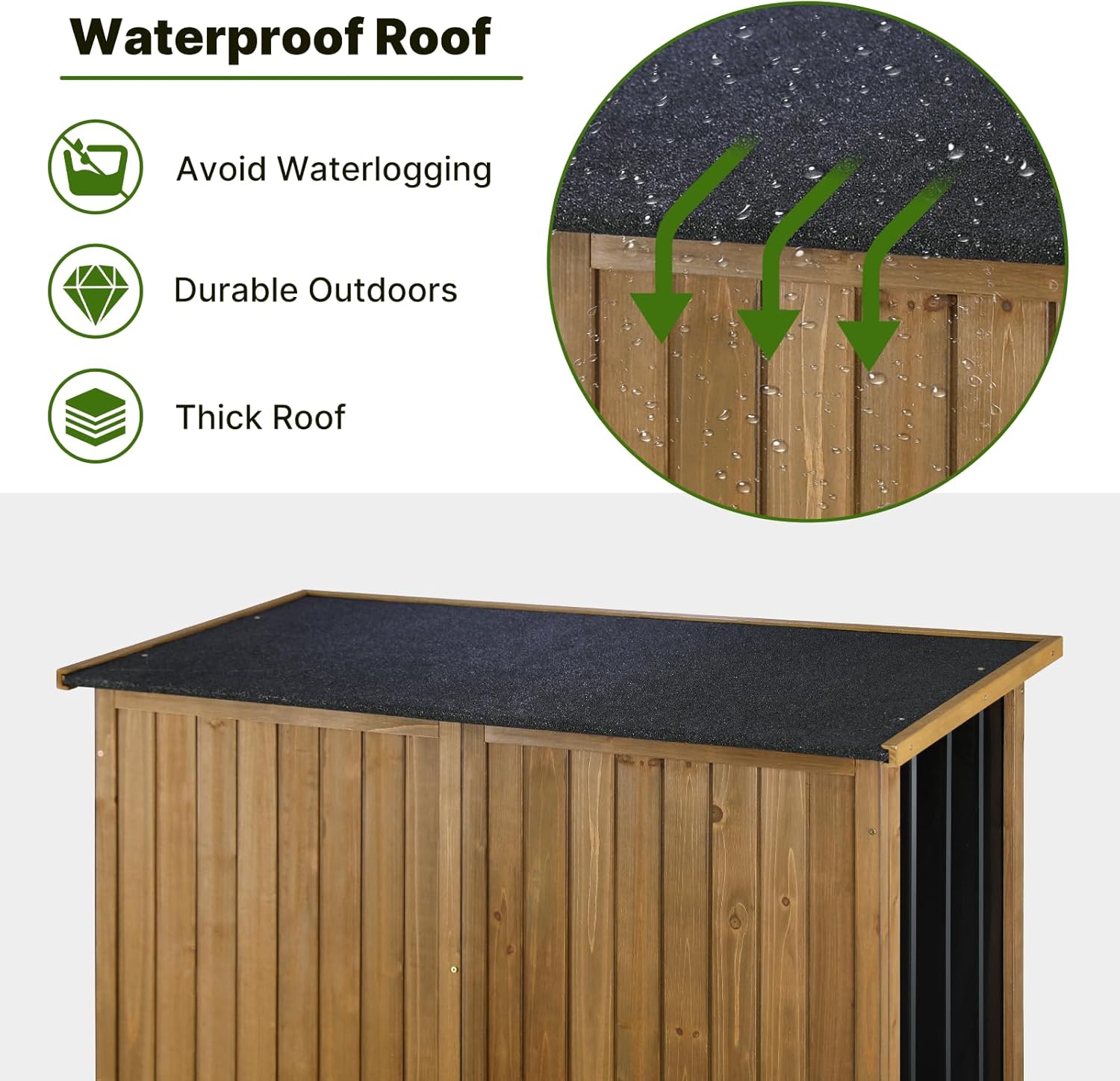 Outdoor Storage Cabinet Wood & Metal with Waterproof Roof, Garden Tool Shed with 4 adjustable reinforced feet with metal brackets, 3 Removable Shelves, 6 T-Hinge, Magnetic door,18.1'D x 49'W x 68.5'H