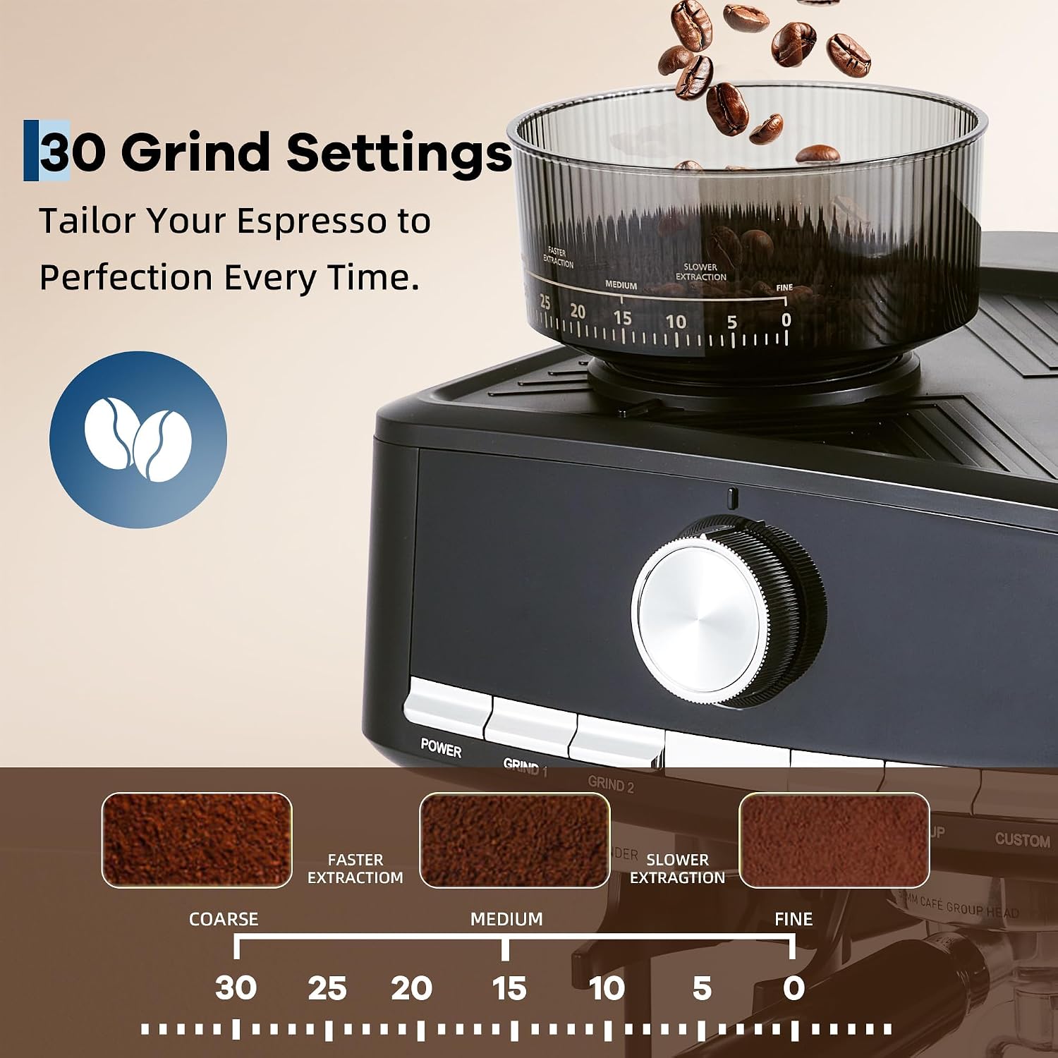 TROPOW Espresso Machine with Grinder - 20 Bar Pressure Professional, Stainless Steel Coffee Maker with Milk Frother, 1.5l Removable Water Tank for Latte, Cappuccino, Home & Office