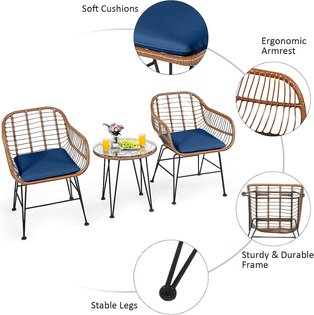 COSTWAY 3 Pieces Patio Bistro Set, Outdoor Rattan Conversation Seating Chair Set with Coffee Table & Soft Cushions, Indoor Wicker Furniture Set for Garden, Balcony, Porch, Pool, Navy