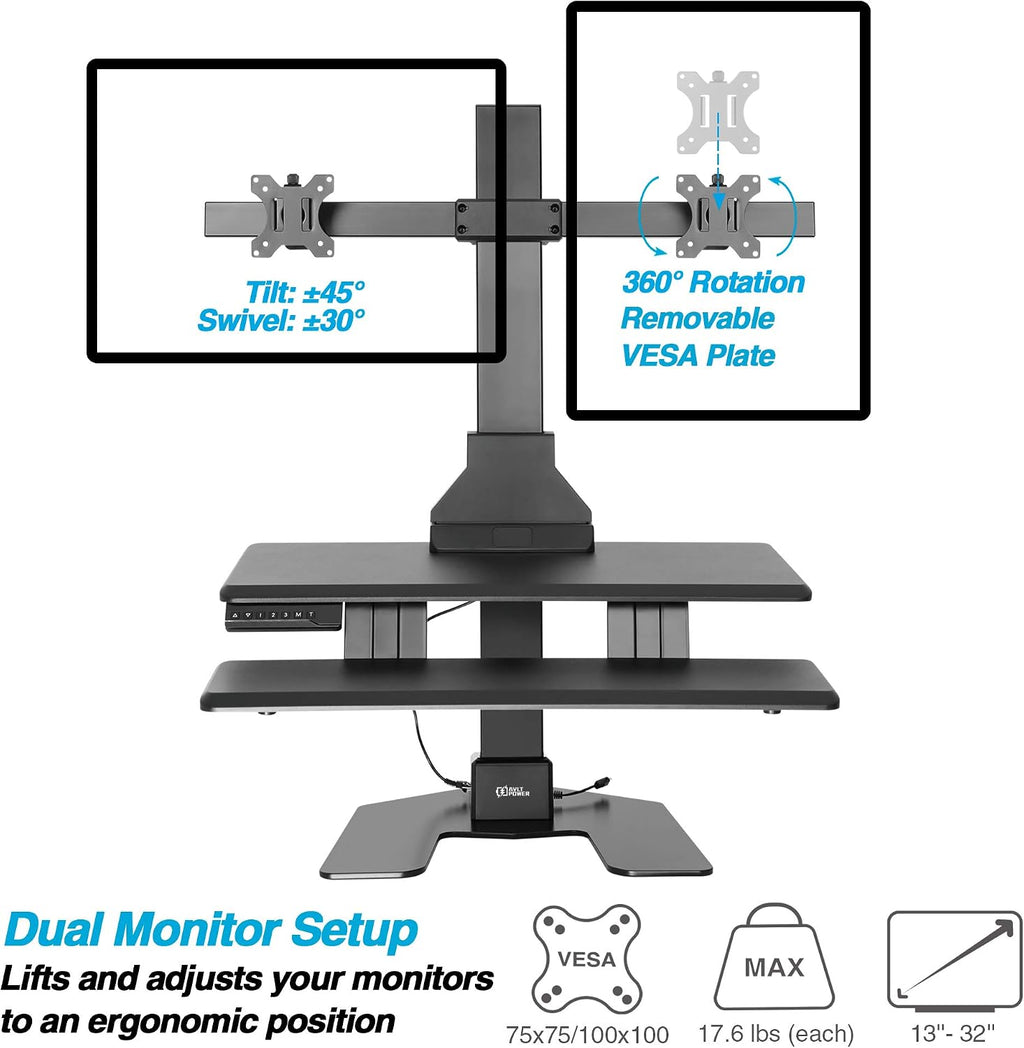 AVLT Electric Standing Desk Converter for Dual 32' Monitors, Motorized Sit to Stand Riser with 28'x16' Tabletop, Large Keyboard Tray, Height Adjustable, Sturdy Base, Small Footprint