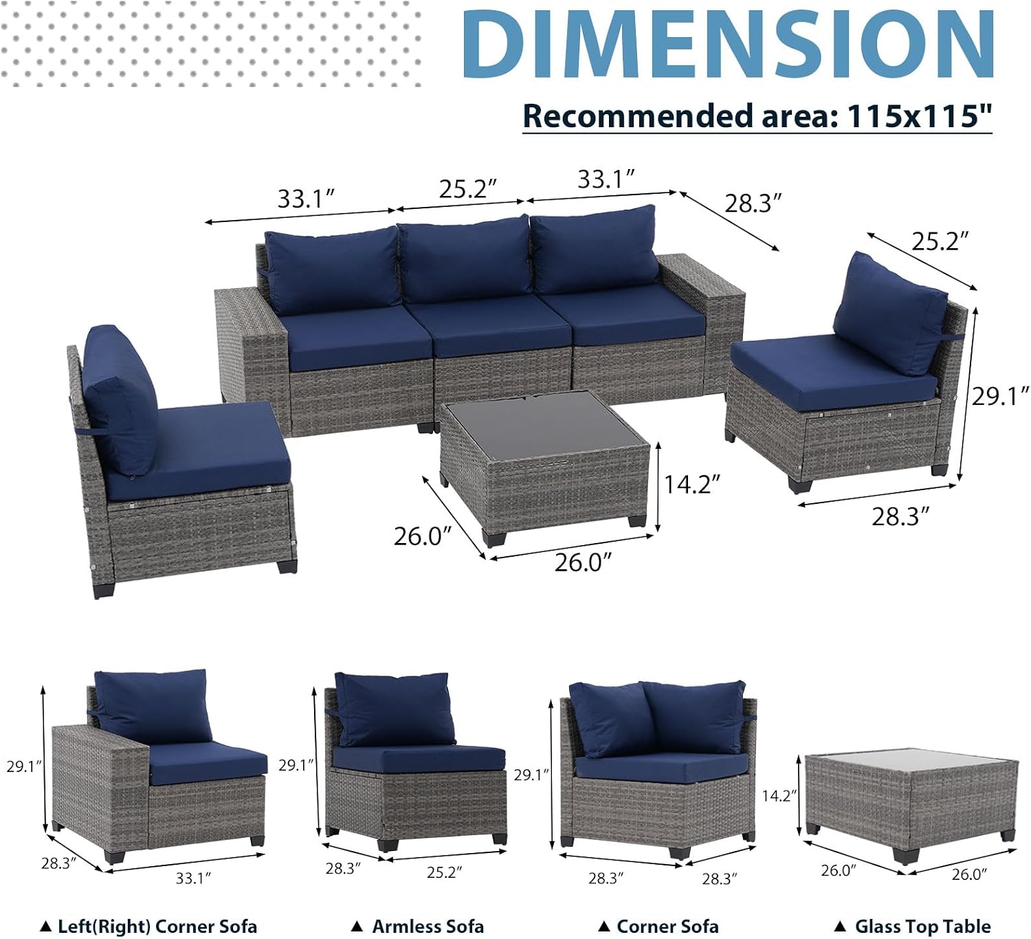 JOIVI 6-Piece Outdoor Patio Furniture Set, Rattan Patio Conversation Set with Coffee Table, L-shaped Wicker Outdoor Sectional Sofa Set with Wide Armrest and Cushions for Garden, Deck, Porch, Navy Blue