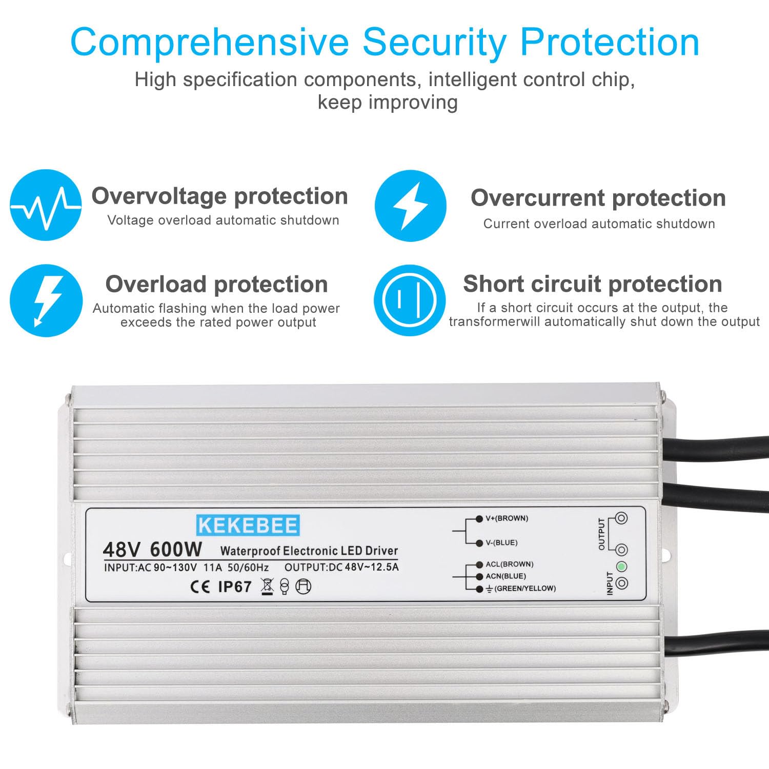 LED Driver 48V 600W Waterproof Power Supply AC90-130V to DC48V12.5A Low Voltage Converter IP67 Transformer Suitable for Indoor and Outdoor LED Lighting and Any 48V DC Device