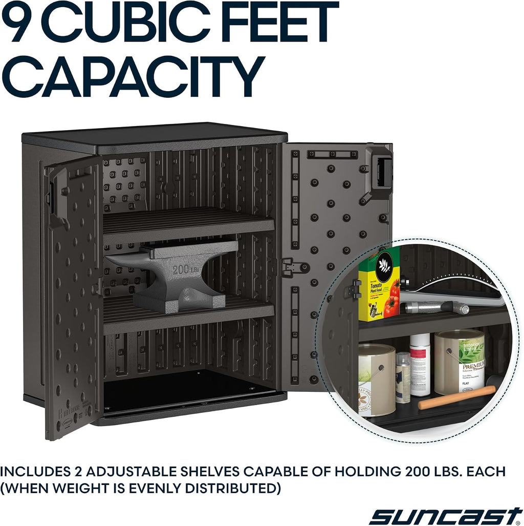 Suncast Heavy-Duty Resin Outdoor Storage Cabinet, 30' W x 20.25' D x 36' H Dark Grey Base Garage Storage Cabinet with Lockable Doors and Metal Reinforced Shelves, Made in The USA
