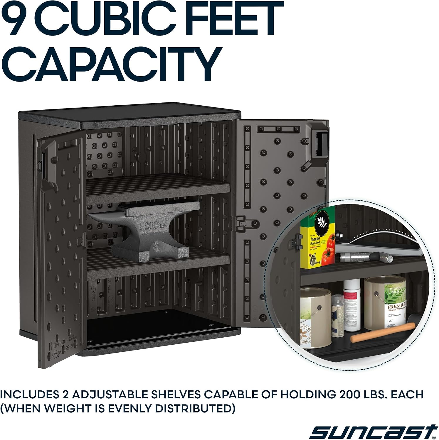 Suncast Heavy-Duty Resin Outdoor Storage Cabinet, 30' W x 20.25' D x 36' H Dark Grey Base Garage Storage Cabinet with Lockable Doors and Metal Reinforced Shelves, Made in The USA