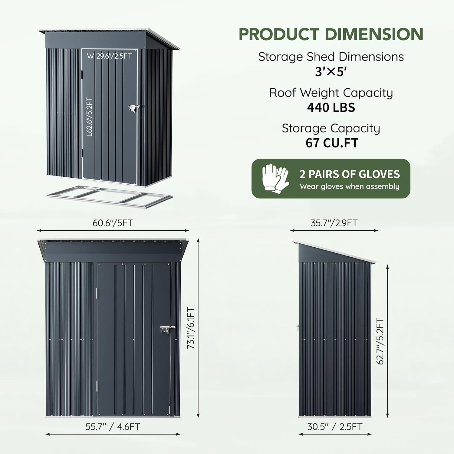 3x5 FT Outdoor Metal Storage Shed with Floor Frame, Single Door, 1 Clear Window, Tool Shed for Garden, Patio, Backyard