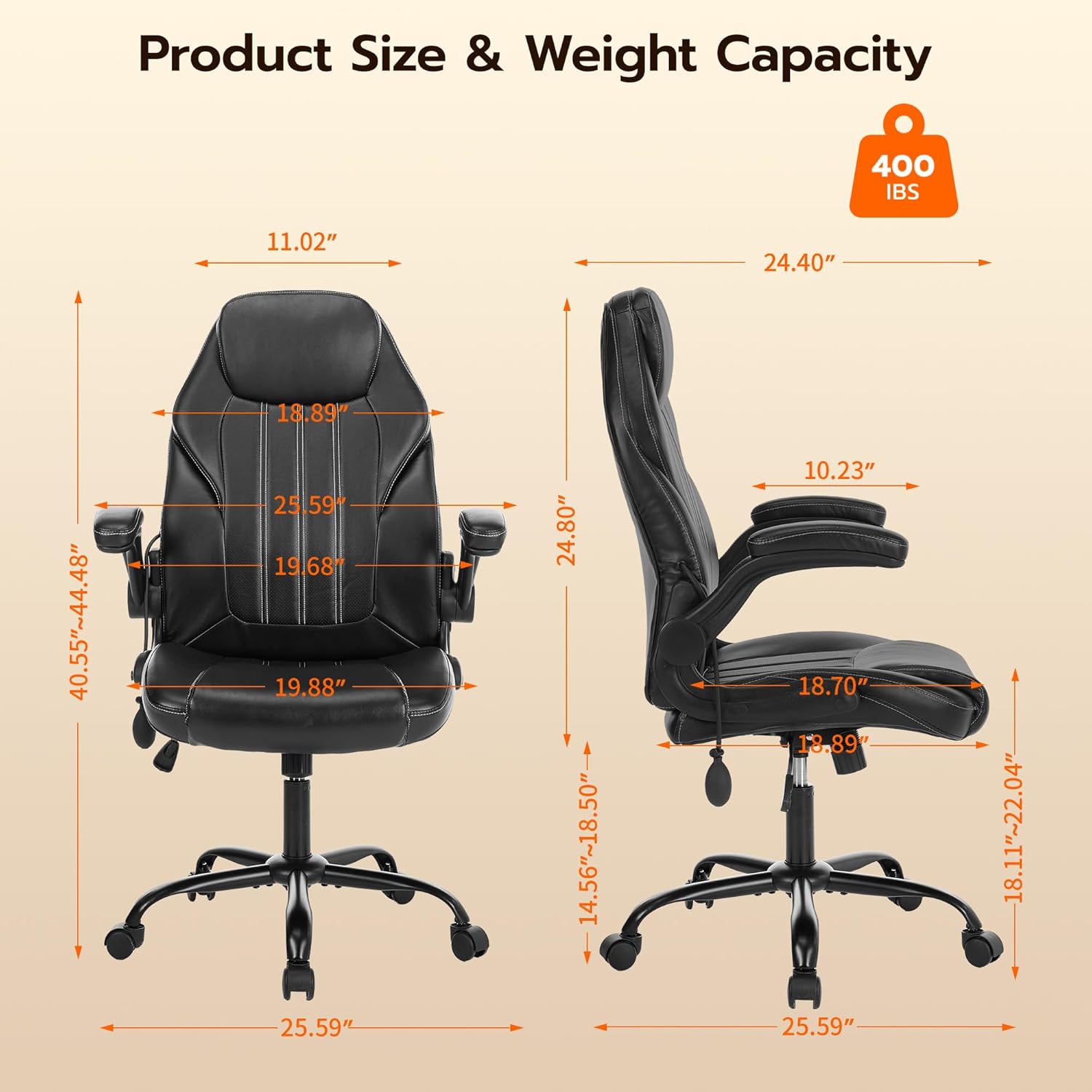 Ylzyxal Office Desk Chair, Ergonomic Computer Chair with Padded Flip-Up Arms and Adjustable Lumbar Support, PU Leather Executive Chair with Tilt Lock and 360° Swivel Rolling Wheels for Work, Study