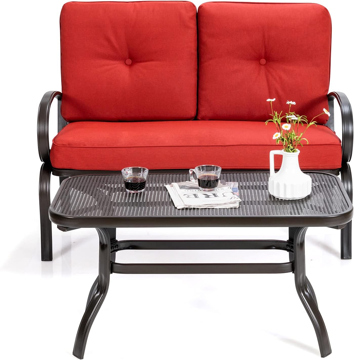 Giantex Patio Loveseat with Coffee Table Outdoor Bench with Cushion and Metal Frame, Loveseat Porch Furniture Set Sofa for Garden, Yard, Patio or Poolside (Red & Black)