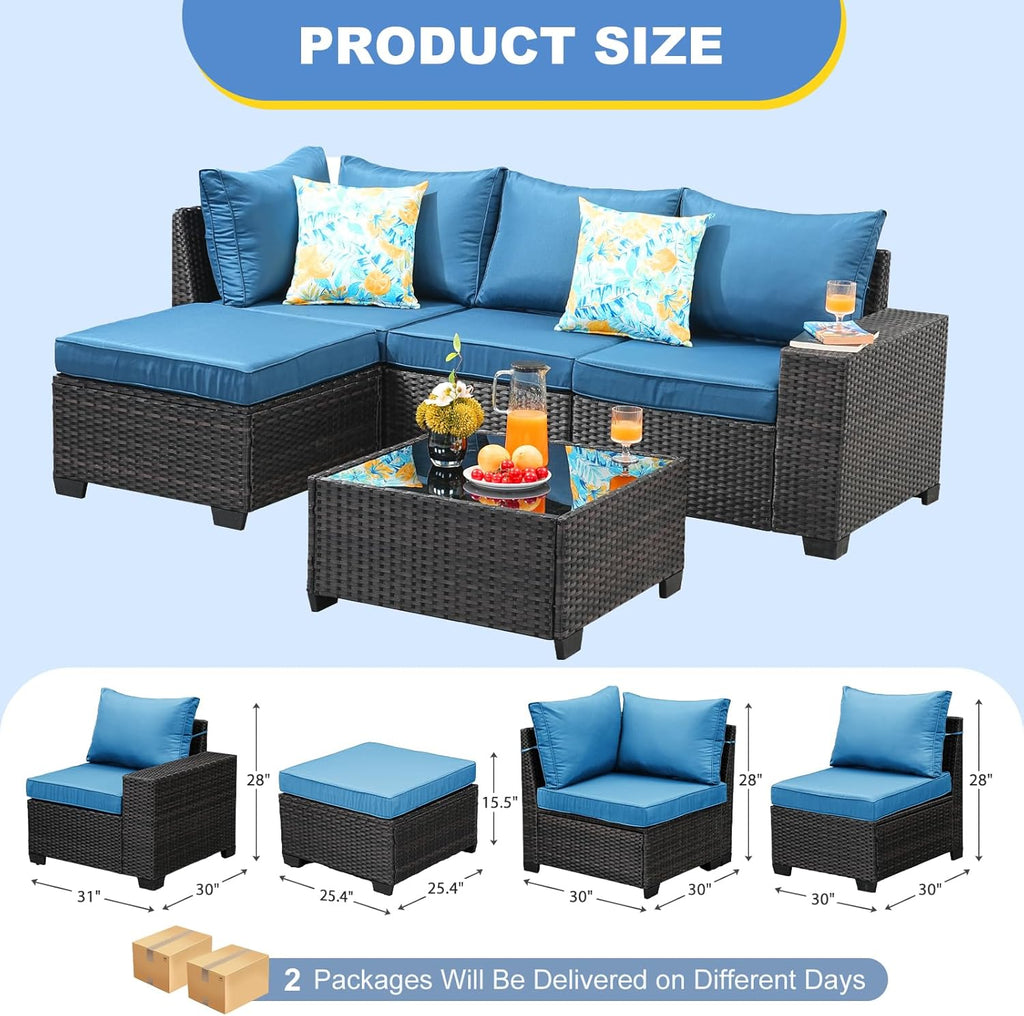 5 Pieces Outdoor Patio Furniture Set, Wicker Conversation Sets with Tea Table, Rattan Patio Sofa with Thick Cushions for Garden, Backyard, Poolside, Party, Peacock