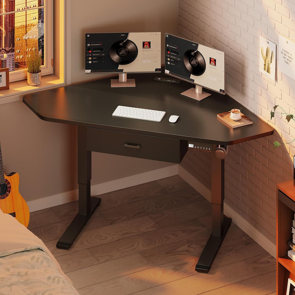 SEDETA Corner Standing Desk, 32'' Small Height Adjustable Electric Computer Desk with Drawer for Gaming, Small Space, Stand up Home Office Writing Desk, Small Gaming Table, Black