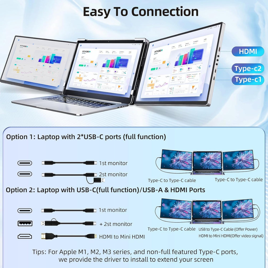 Laptop Screen Extender Monitor Portable - 2.5K Triple Laptop Screen Extender, Plug and Play Multiple Screens Extended Fits 13-17.3 Inch Laptops Compatible with, Windows, Chrome, Dex