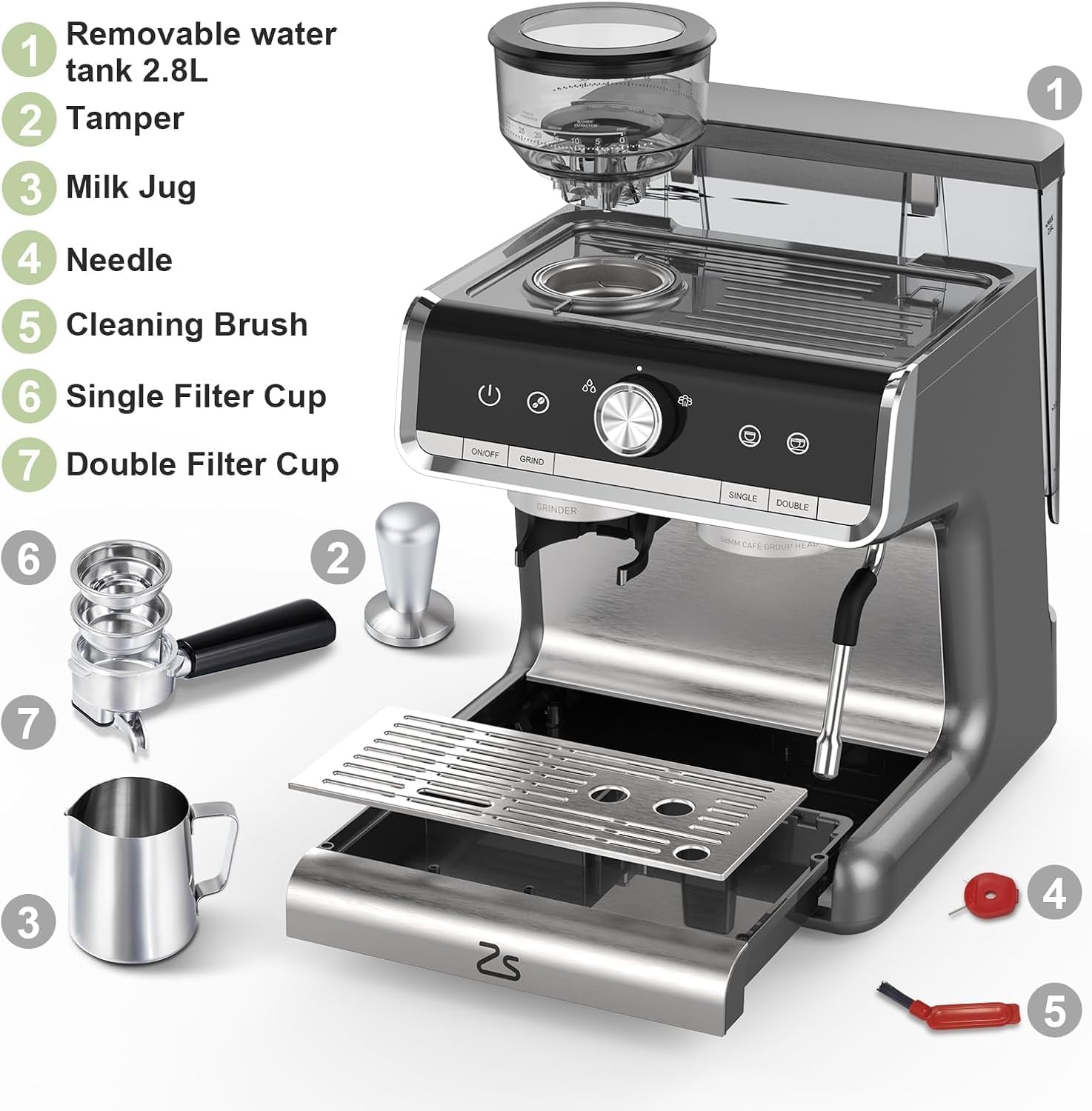 Espresso Machine with Built-in Grinder & Milk Frother, 15 Bar Semi-Automatic Coffee Maker with Steam Wand, 2.5l Water Tank, Italian Pump System, Stainless Steel Construction