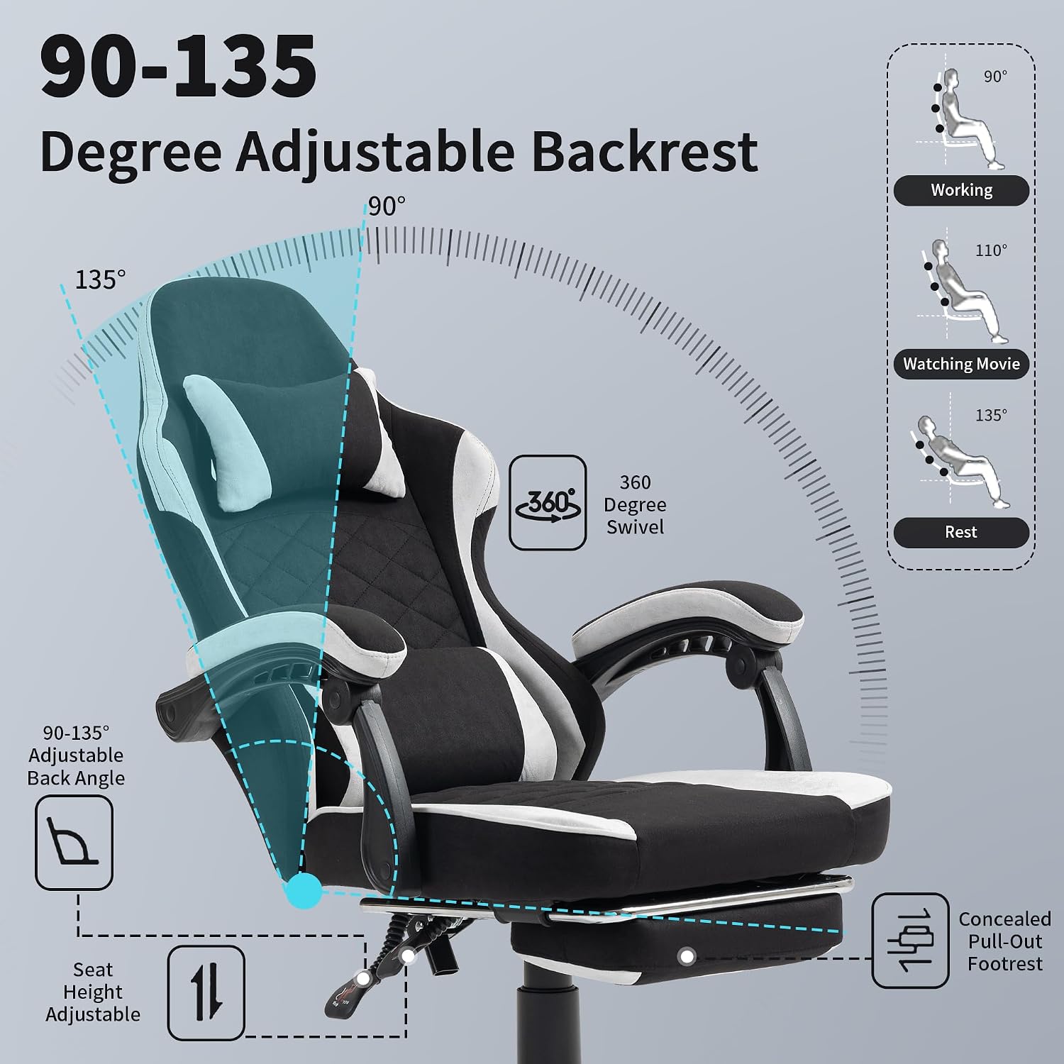 Gaming Chair with Footrest for Adults - Ergonomic Gaming Chairs with Foot Rest - Big and Tall Computer Game Chair - Fabric Reclining Video Game Chairs with Spring Cushion - Black/Light Grey