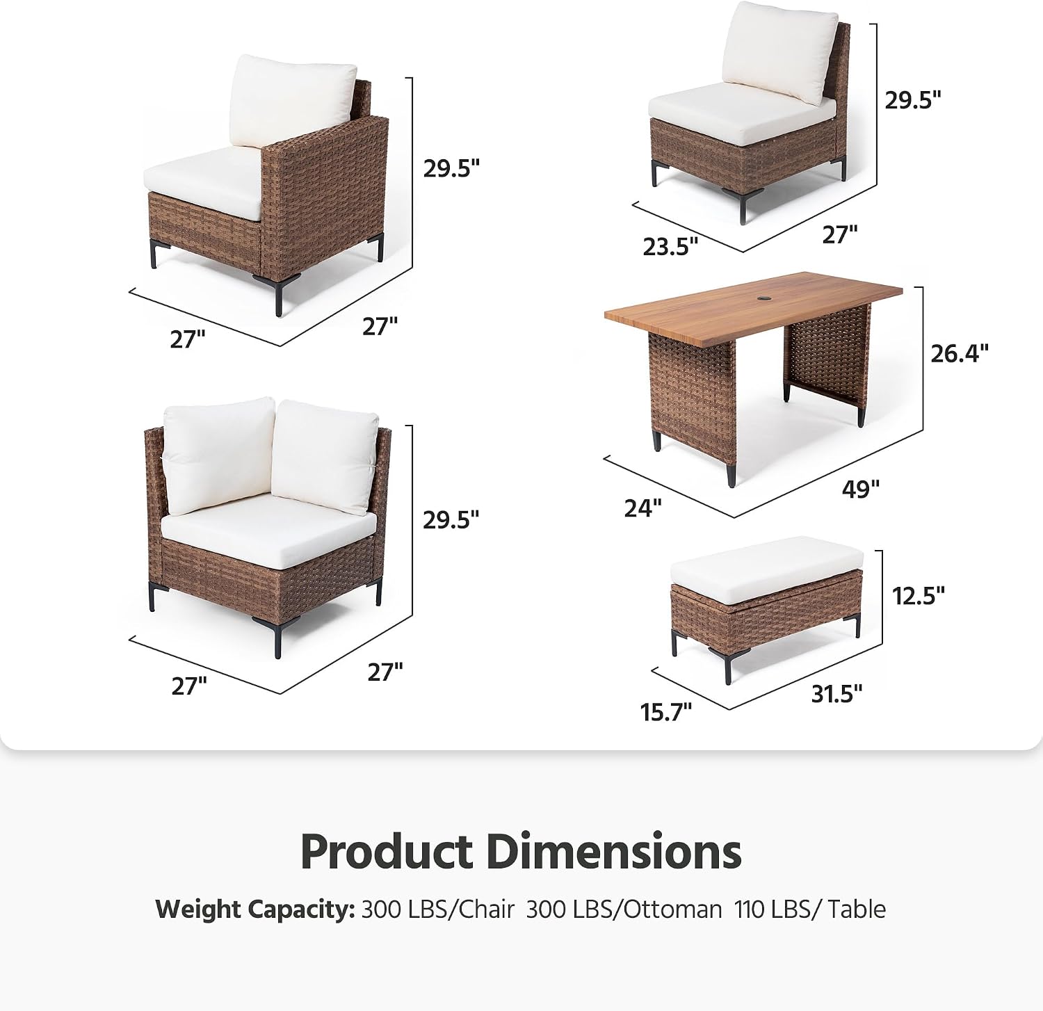 LAUSAINT HOME 8 Pieces Outdoor Patio Furniture Set, PE Wicker Sectional Conversation Sofa with Adjustable Backrests, Storage Ottoman & Wood Table with Umbrella Hole, Beige