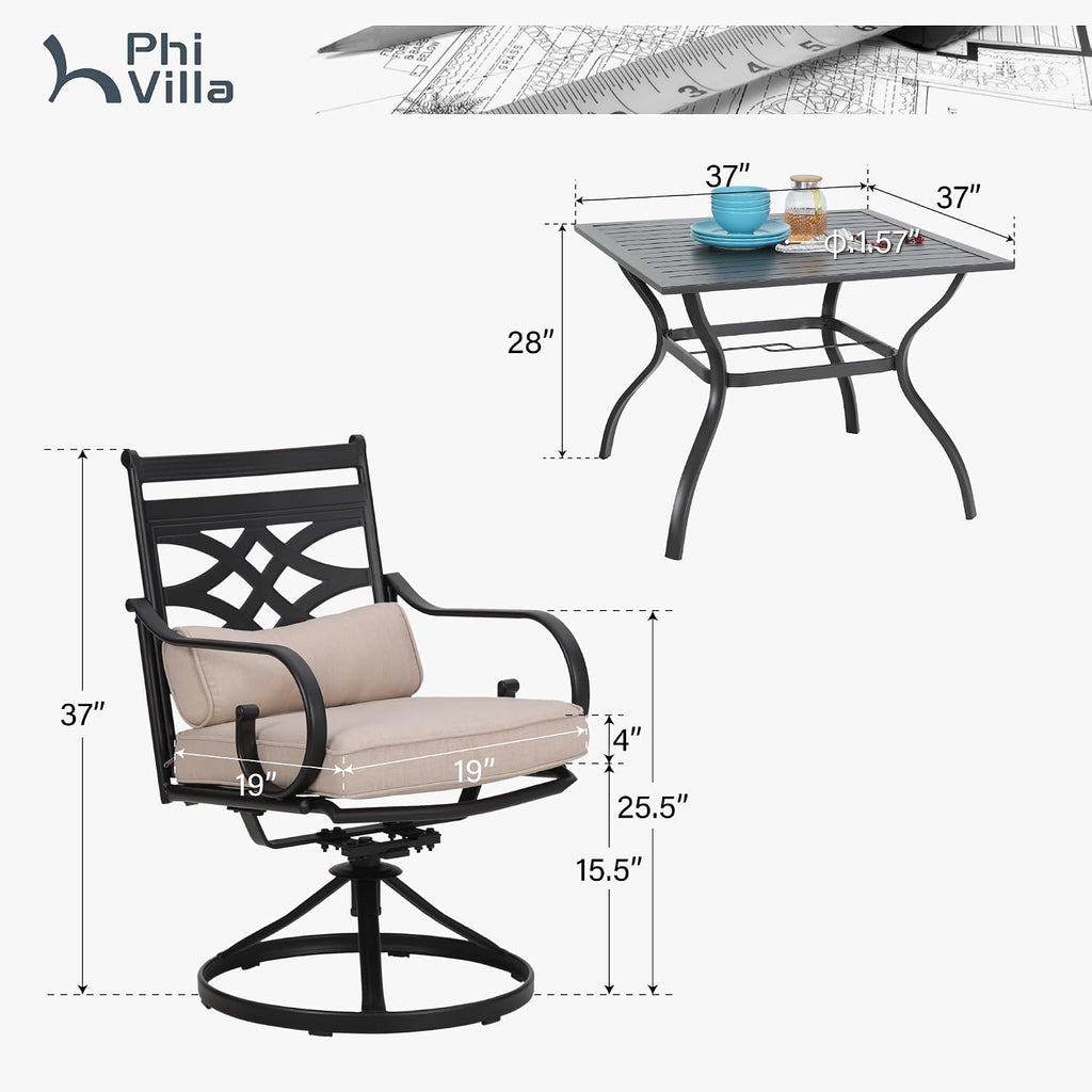 PHI VILLA 5 Pieces Outdoor Dining Set for 4, 37' Square Black Metal Table & Wrought Iron Swivel Chairs, All Weather Large Outside Furniture with Cushions & Pillows for Patio, Deck, Porch
