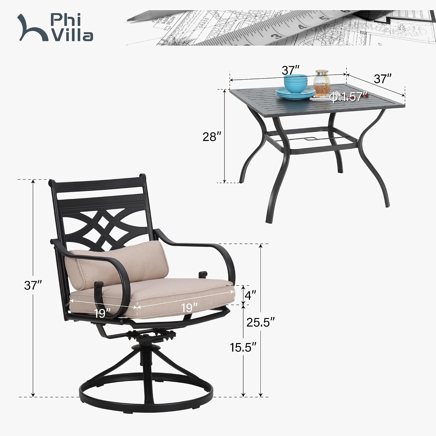 PHI VILLA 5 Pieces Outdoor Dining Set for 4, 37' Square Black Metal Table & Wrought Iron Swivel Chairs, All Weather Large Outside Furniture with Cushions & Pillows for Patio, Deck, Porch