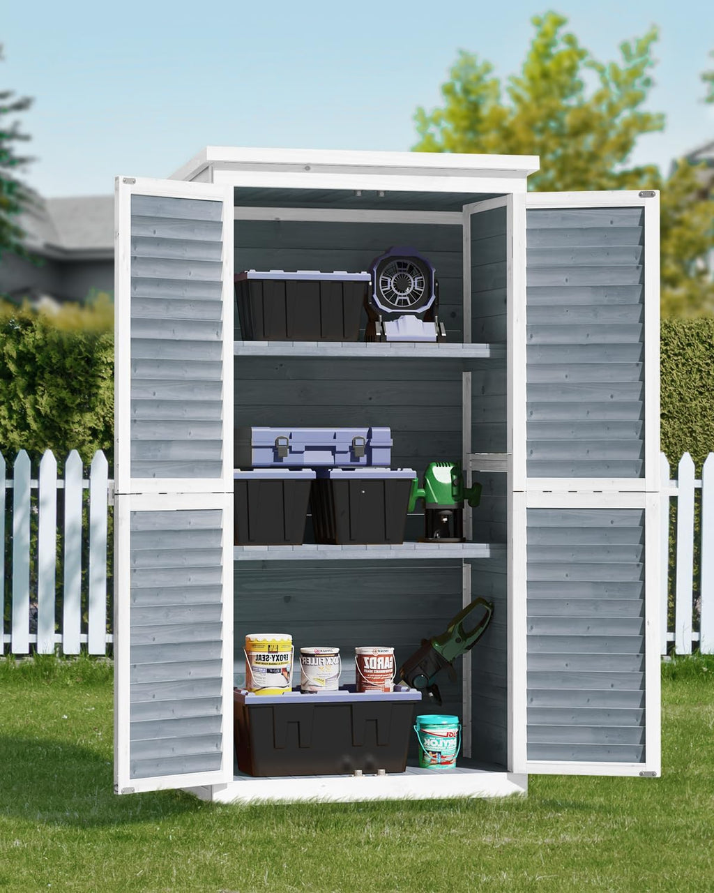Bealife 63.2' Outdoor Storage Cabinet with Double Doors, Lockable Vertical Storage Shed with 3 Shelves Organizer, Waterproof Fir Wood Tool Closet Shed for Garden, Backyard, Patio, and Lawn -Grey